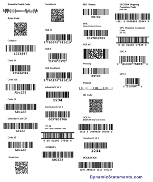 barcode samples UPC type A UPC type E ITF Interleaved 2 of 5 MSI Telepen Codabar BPO4 EAN13 EAN8 USS93  Code 9 of 3 Code 3 of 9 Extended Code Code 128